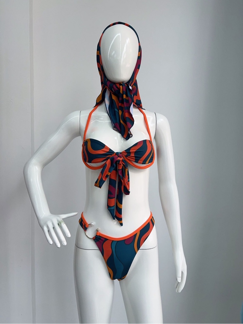 4 PCS SWIMSUIT Tie-Front Underwire Patterned Bikini in Teal and Orange